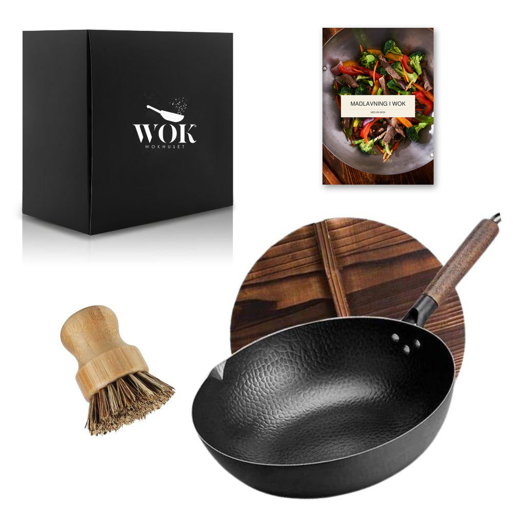 Le Nemiro asiatisk wok i sort med træhåndtag, låg af træ, rund rengøringsbørste og forsiden af en e-bog med opskrifter